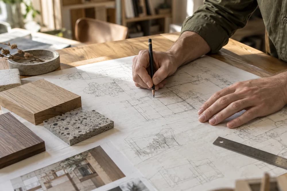 Hands refining a technical drawing with a pencil at a wooden workbench