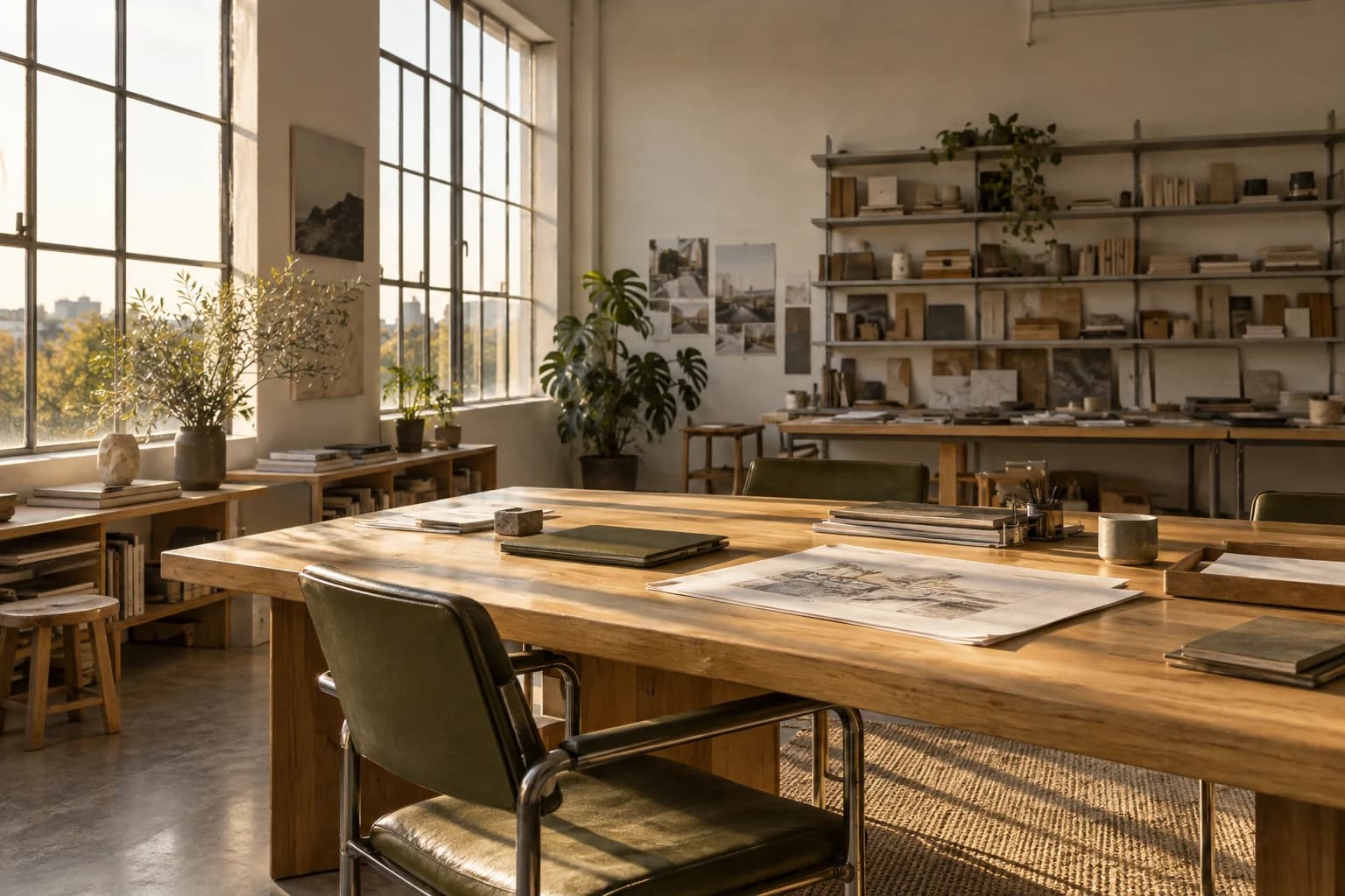 Afternoon light falling across notebooks and drawings in a quiet creative studio